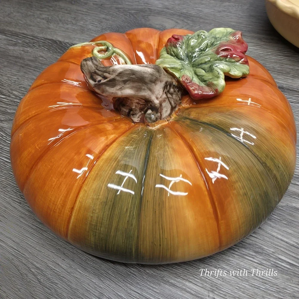 Vintage Cracker Barrel Ceramic Pumpkin Patch Pie Plate And Lid - Fall Is Here!!